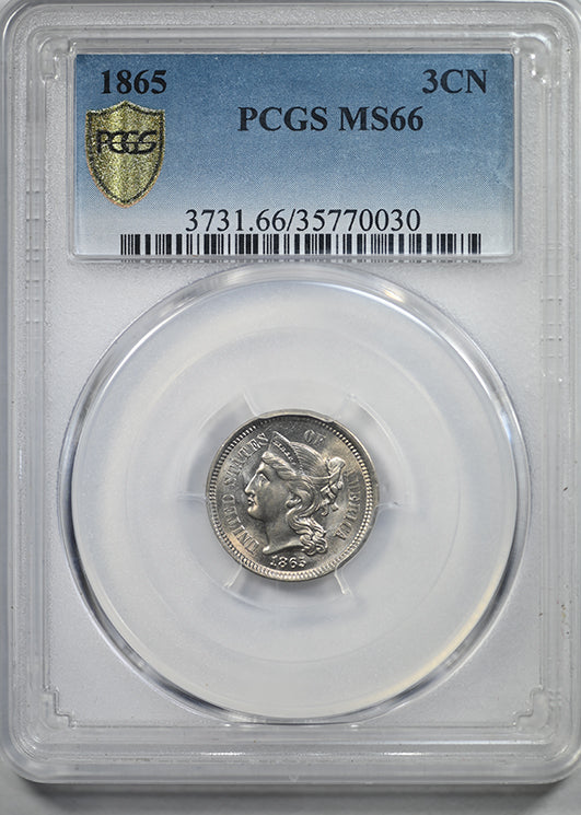 1865 Three Cent Nickel Piece 3CN PCGS MS66 Obverse Slab