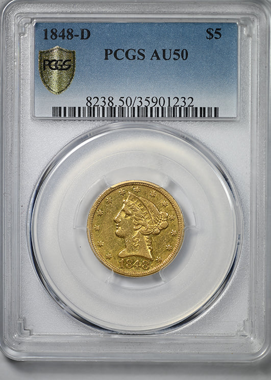 1848-D Liberty Head Gold Half Eagle $5 PCGS AU50 - DAHLONEGA GOLD!