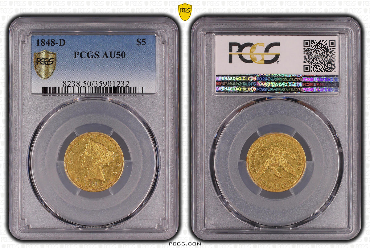 1848-D Liberty Head Gold Half Eagle $5 PCGS AU50 - DAHLONEGA GOLD!