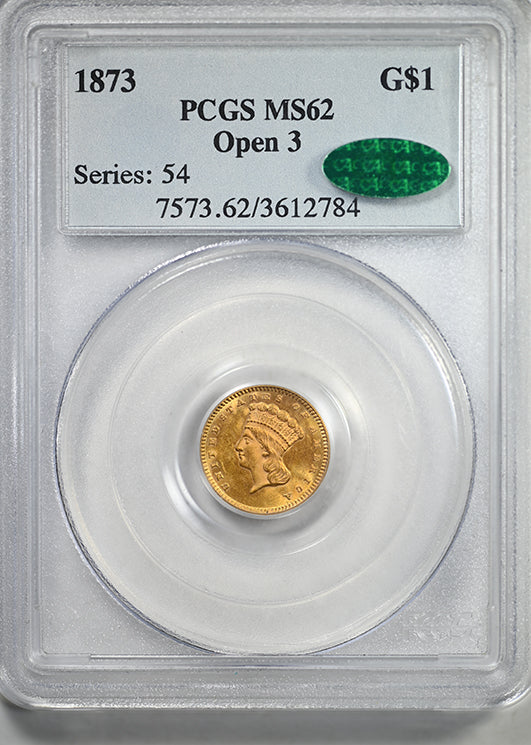 1873 Type 3 Indian Princess Head Gold Dollar G$1 PCGS MS62 CAC - Open 3