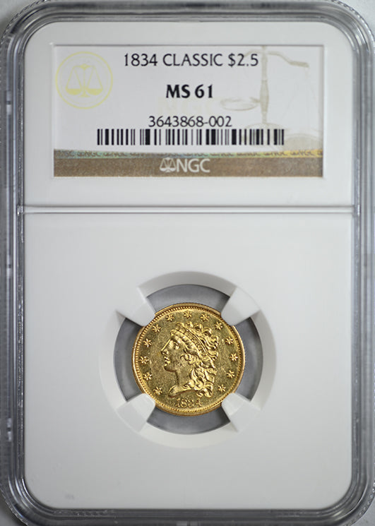 1834 Classic Head Gold Quarter Eagle $2.50 NGC MS61