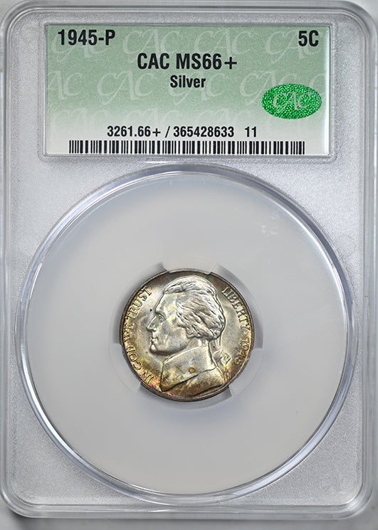 1945-P Silver Jefferson War Nickel 5C CAC MS66+ - TONED!