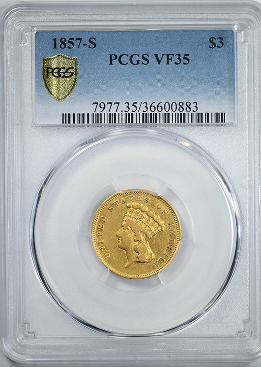 1857-S Indian Princess Gold Three Dollar $3 PCGS VF35 Obverse Slab