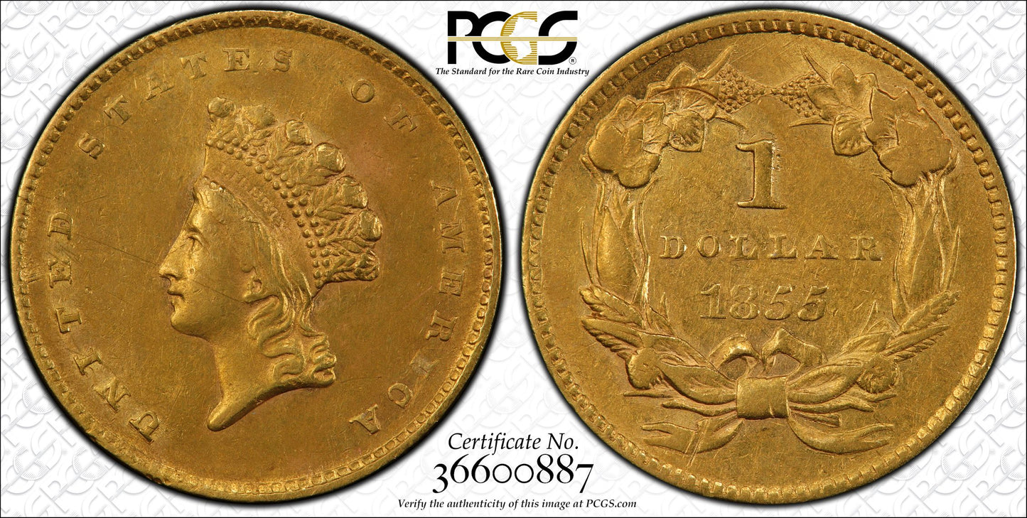 1855 Type 2 Indian Princess Head Gold Dollar G$1 PCGS AU53