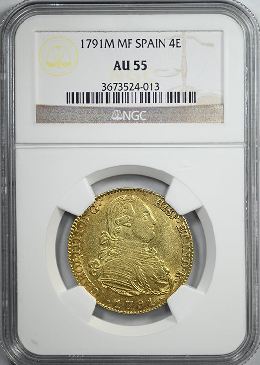 1791-M MF Spain Gold 4 Escudos NGC AU55