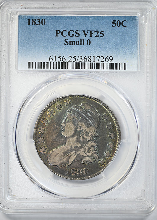 1830 Capped Bust Half Dollar 50C PCGS VF25 - Small 0 - NICE COLOR!