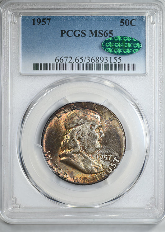1957 Franklin Half Dollar 50C PCGS MS65 CAC - TONED!