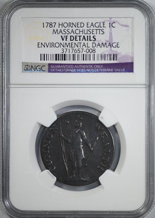 1787 Horned Eagle Massachusetts Colonial Copper Cent 1C NGC VF Details
