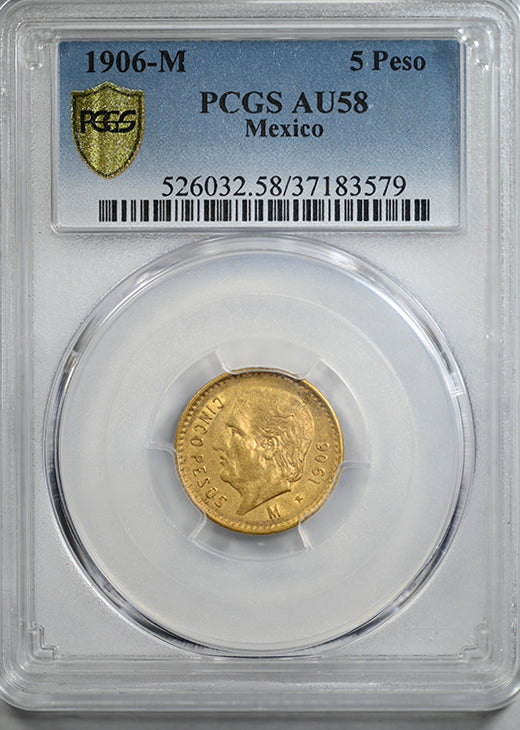 1906-M Mexico Gold G5P Pesos PCGS AU58