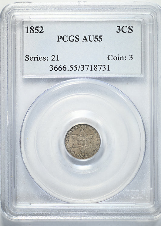 1852 Silver Three Cent Piece 3CS PCGS AU55 Obverse Slab