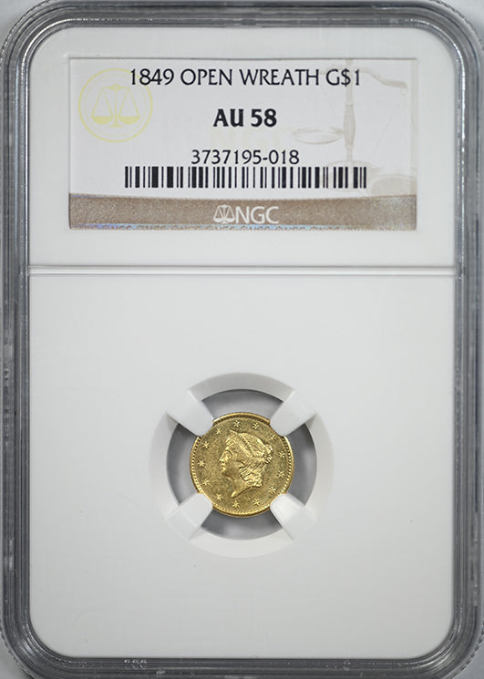 1849 Type 1 Liberty Head Gold Dollar G$1 NGC AU58 - Open Wreath