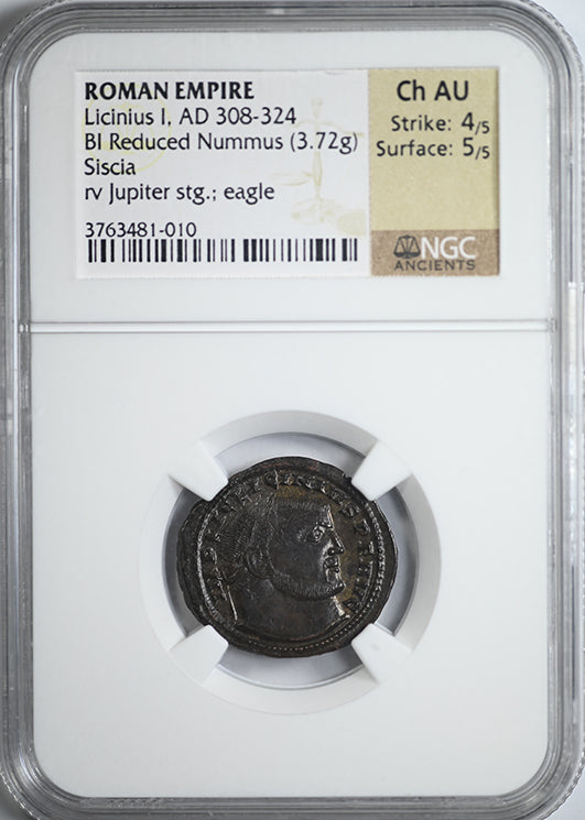 AD 308-324 Roman Empire Licinius I BI Reduced Nummus Siscia NGC Ancients Choice AU Obverse Slab