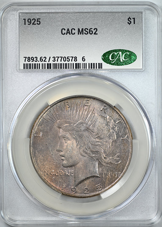 1925 Peace Dollar $1 CAC MS62 - TONED!