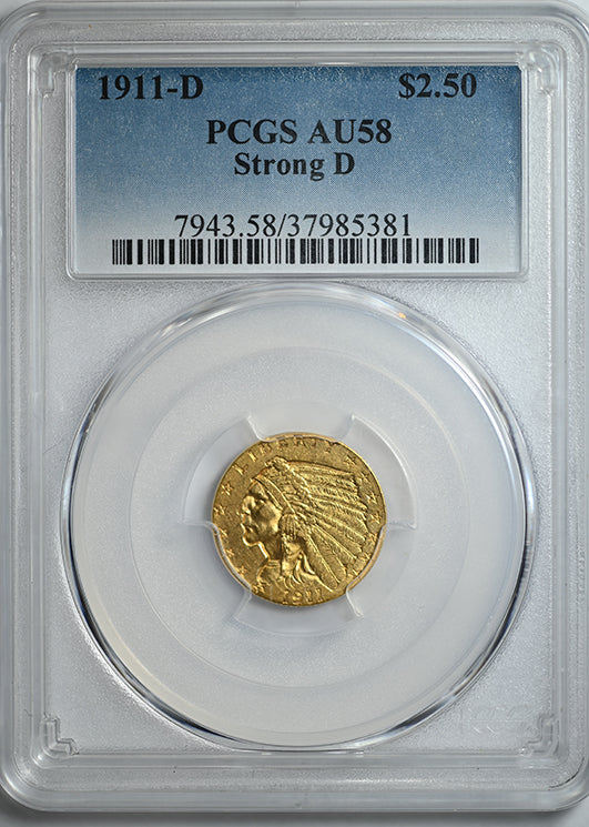 1911-D Indian Head Gold Quarter Eagle $2.50 PCGS AU58 - Strong D Obverse Slab