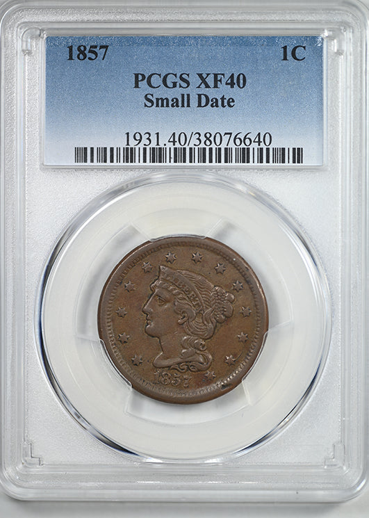 1857 Braided Hair Liberty Head Large Cent 1C PCGS XF40 - Small Date