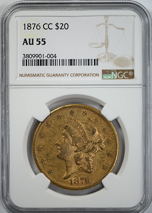 1876-CC Liberty Head Gold Double Eagle $20 NGC AU55 Obverse Slab