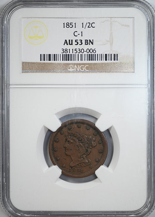 1851 Braided Hair Half Cent 1/2C NGC AU53BN C-1