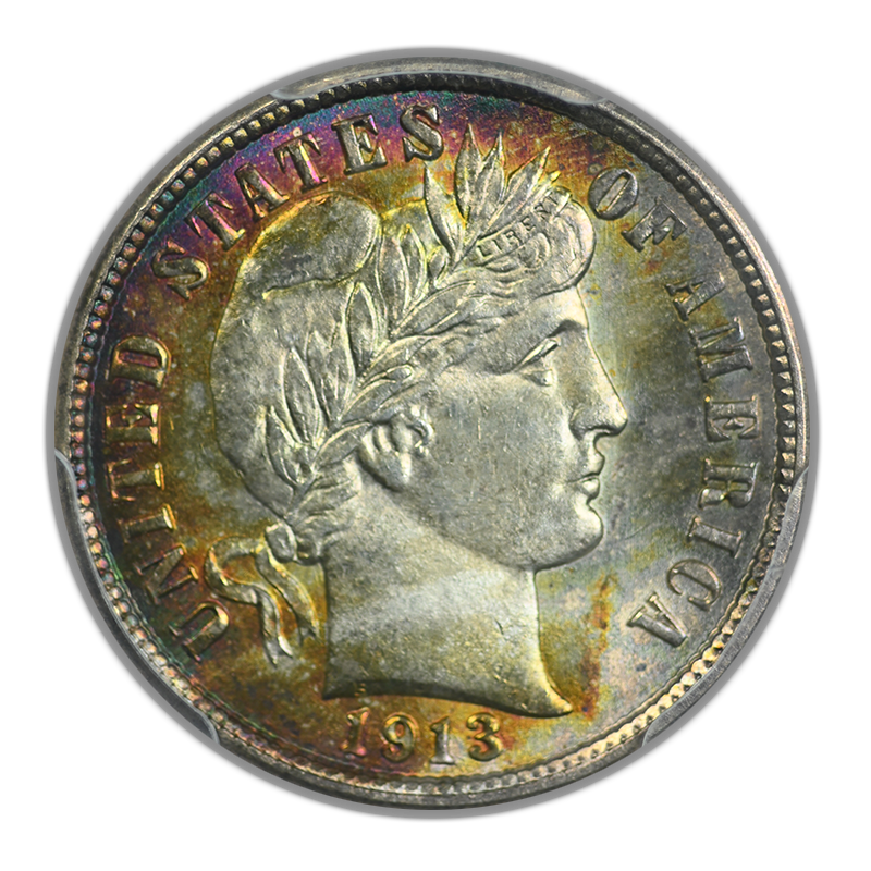 1913 Barber Dime 10C PCGS MS64+ CAC - TONED! Obverse