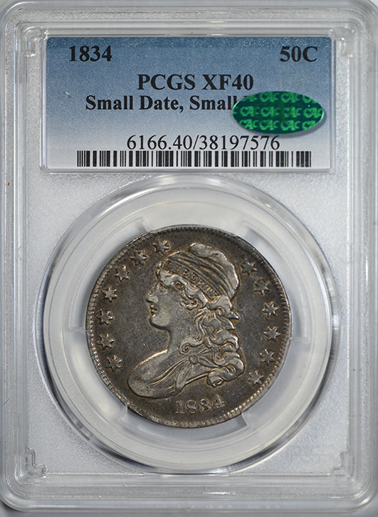 1834 Capped Bust Half Dollar 50C PCGS XF40 CAC - Small Date, Small Letters Obverse Slab