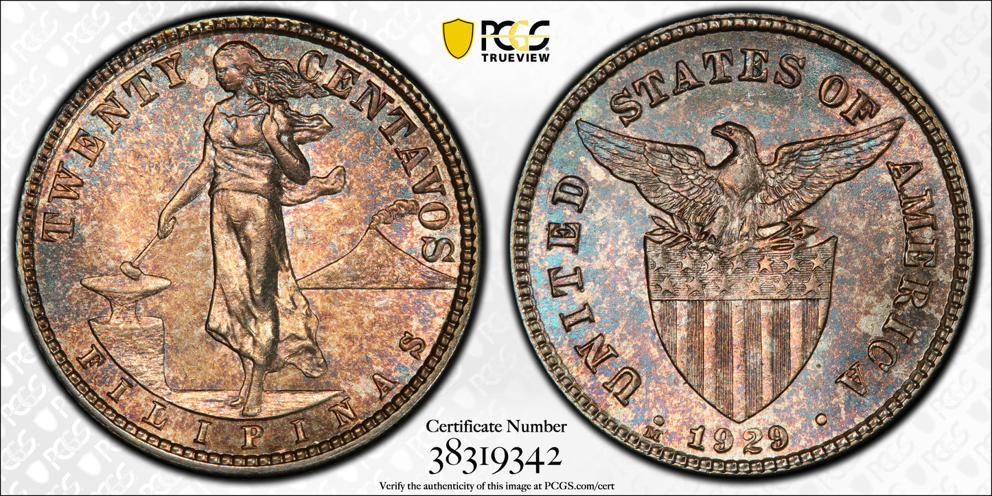 1929-M USA Philippines 20C Centavos PCGS MS63 - NICE COLOR!