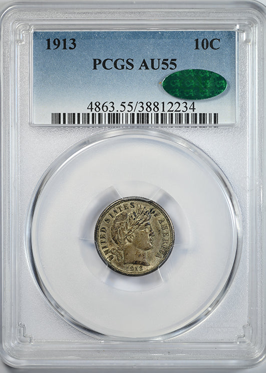 1913 Barber Dime 10C PCGS AU55 CAC Obverse Slab