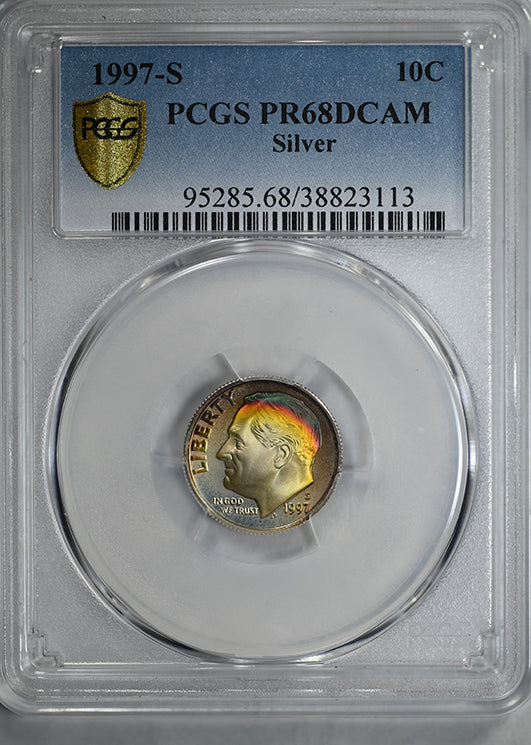 1997-S Silver Proof Roosevelt Dime 10C PCGS PR68DCAM Deep Cameo - TONED!
