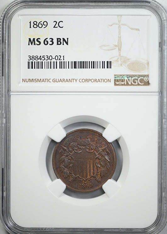 1869 Two Cent Piece 2C NGC MS63BN - TONED!