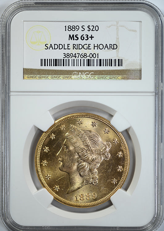 1889-S Liberty Head Gold Double Eagle $20 NGC MS63+ - Saddle Ridge Hoard Obverse Slab