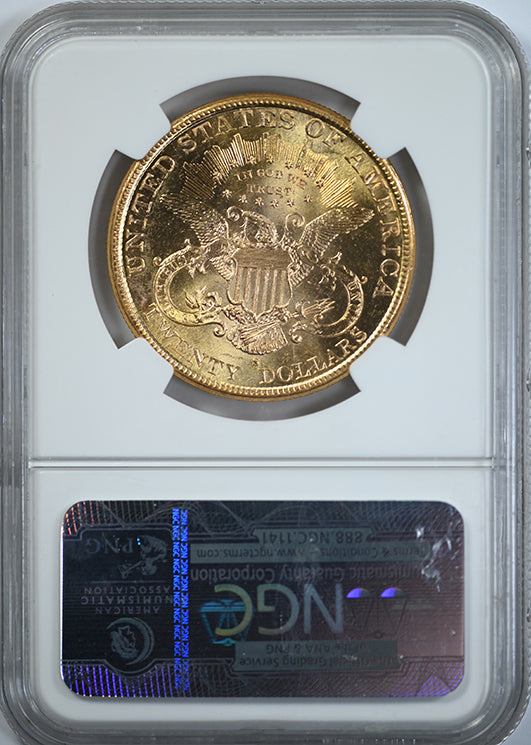 1889-S Liberty Head Gold Double Eagle $20 NGC MS63+ - Saddle Ridge Hoard Reverse Slab