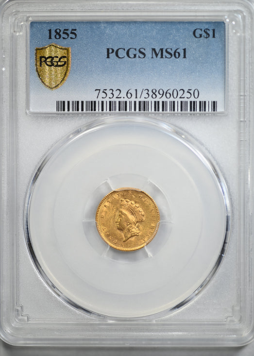 1855 Type 2 Indian Princess Head Gold Dollar G$1 PCGS MS61