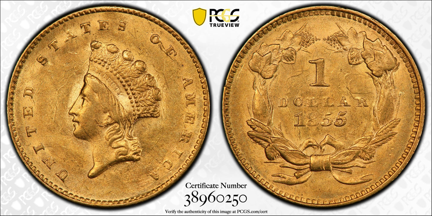1855 Type 2 Indian Princess Head Gold Dollar G$1 PCGS MS61