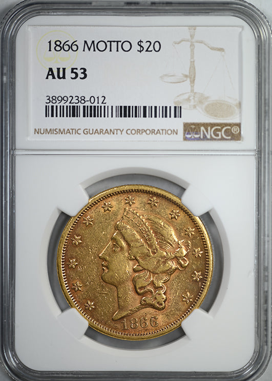 1866 Liberty Head Gold Double Eagle $20 NGC AU53 Motto - NICE COLOR!