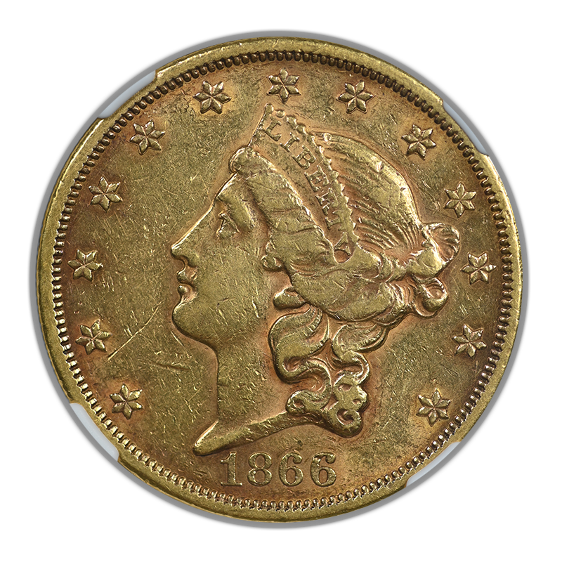 1866 Liberty Head Gold Double Eagle $20 NGC AU53 Motto - NICE COLOR!