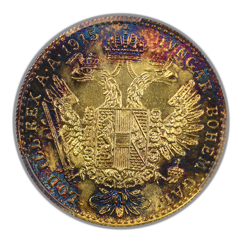1915 Austria Gold Ducat PCGS MS65 Restrike - TONED!