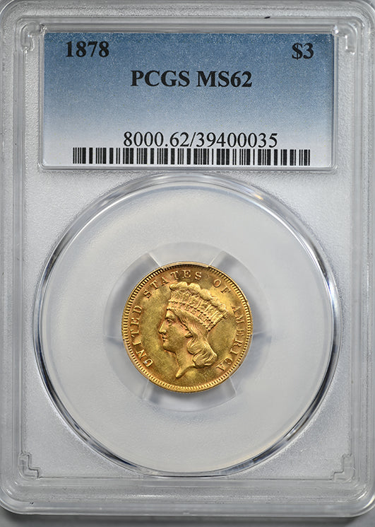 1878 Indian Princess Gold Three Dollar Piece $3 PCGS MS62