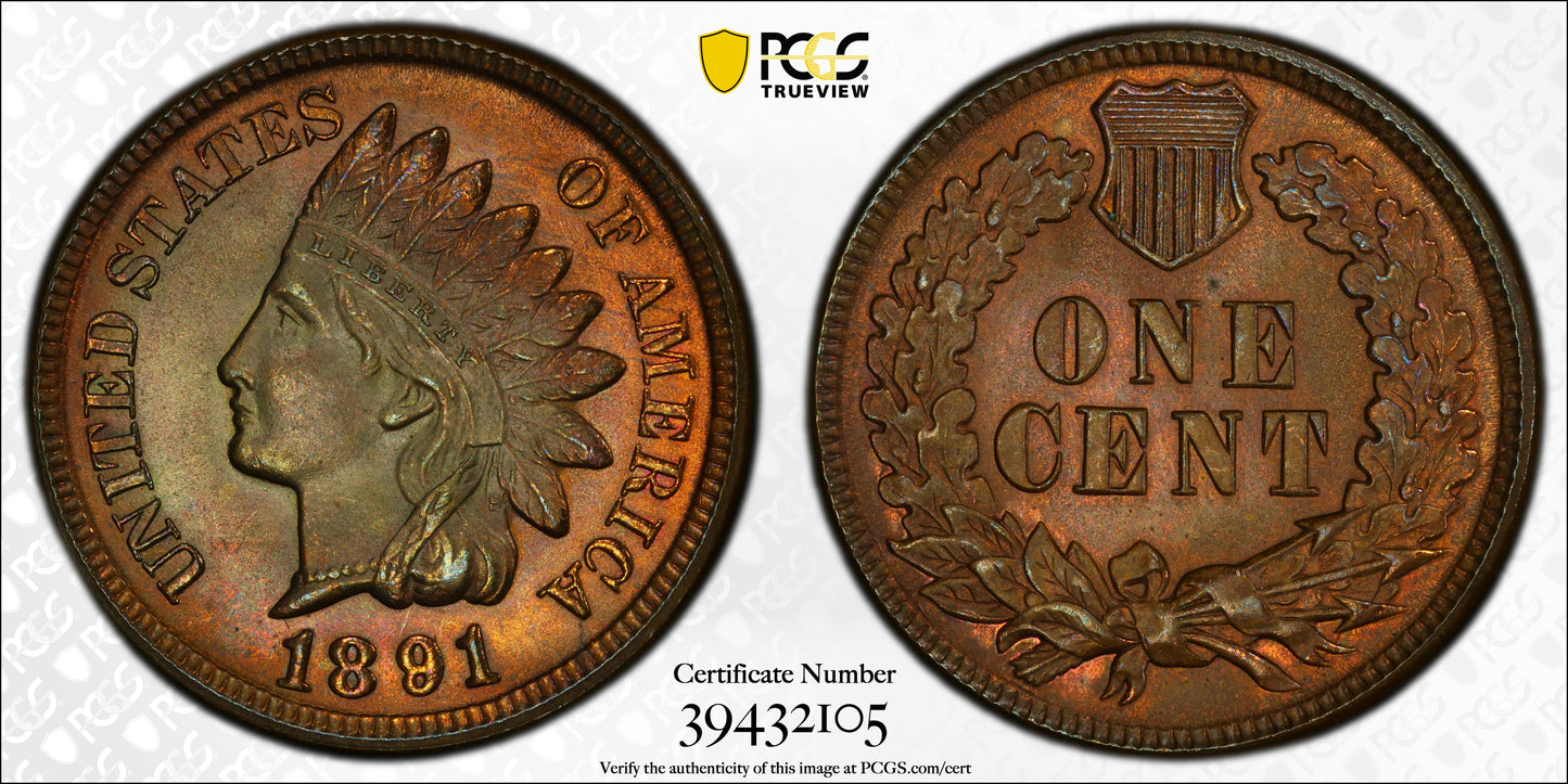 1891 Bronze Indian Head Cent 1C PCGS MS65RB - NICE COLOR!