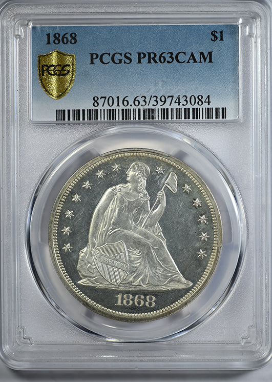 1868 Proof Liberty Seated Dollar $1 PCGS PR63CAM Obverse Slab