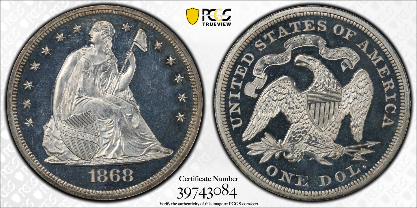 1868 Proof Liberty Seated Dollar $1 PCGS PR63CAM Trueview