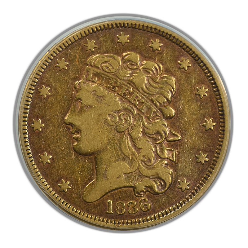 1836 Classic Head Gold Half Eagle $5 ANACS VF30 Obverse