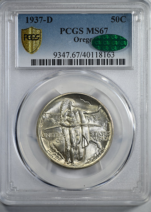 1937-D Oregon Trail Classic Commemorative Half Dollar 50C PCGS MS67 CAC Obverse Slab