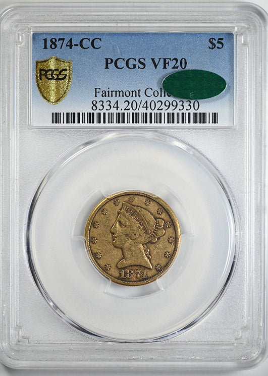 1874-CC Liberty Head Gold Half Eagle $5 PCGS VF20 CAC Obverse Slab