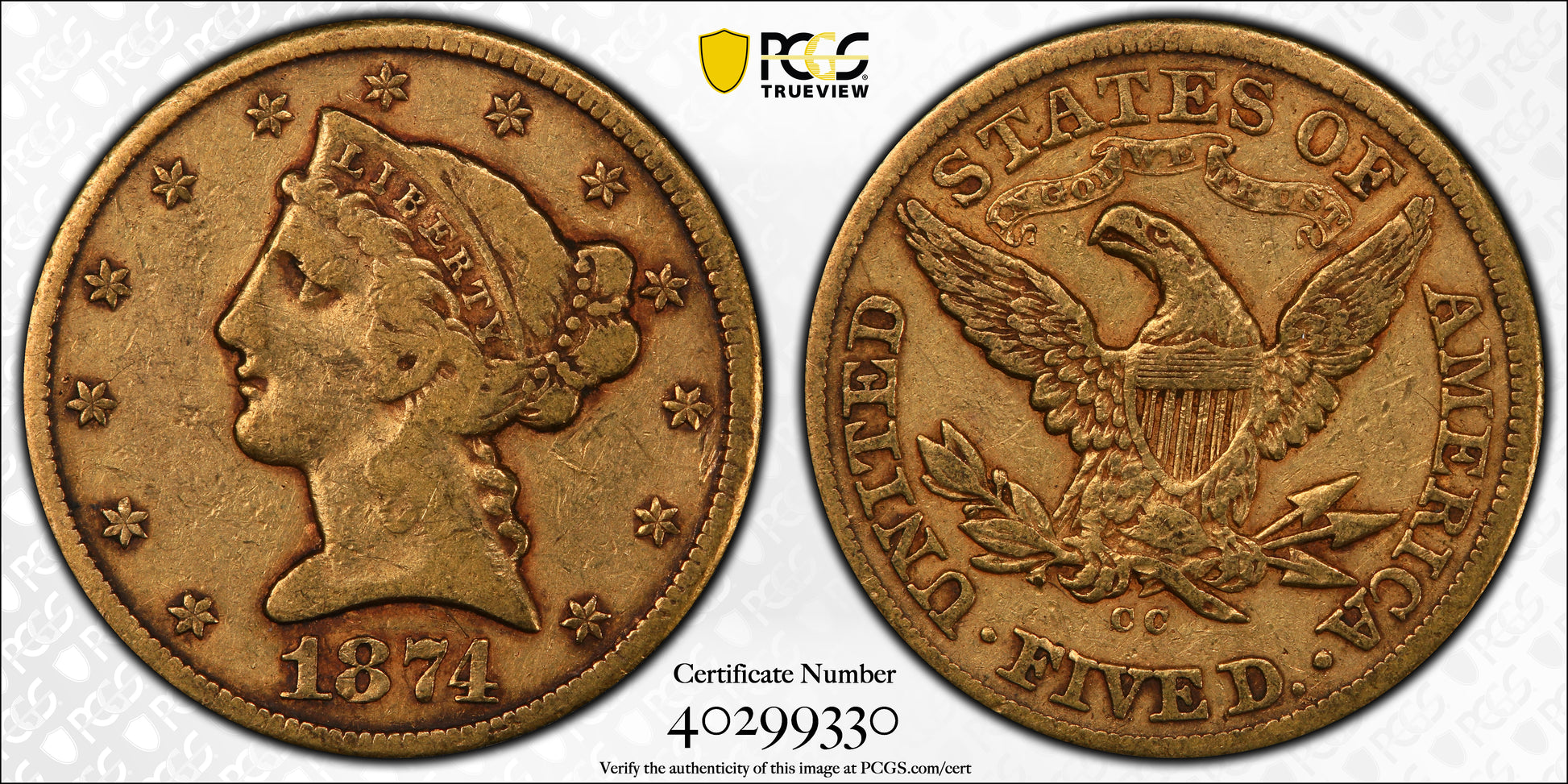 1874-CC Liberty Head Gold Half Eagle $5 PCGS VF20 CAC Trueview