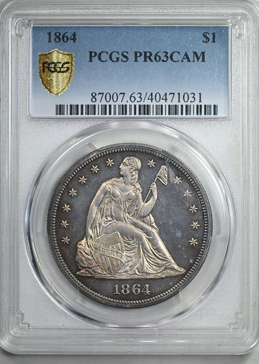 1864 Proof Liberty Seated Dollar $1 PCGS PR63 CAMEO