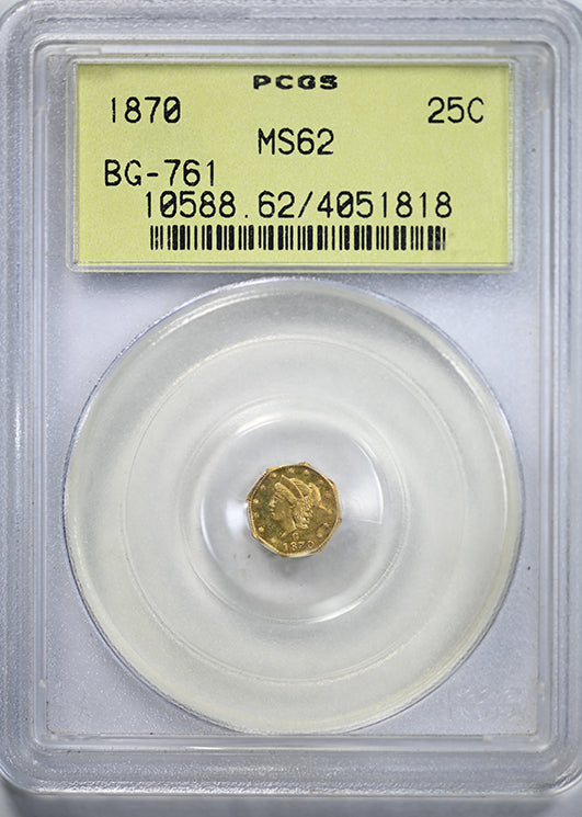 1870 Octagonal California Fractional Gold Liberty Head 1/4 Dollar G25C PCGS MS62 BG-761 OGH