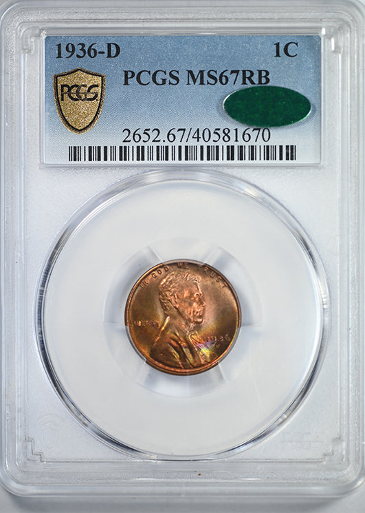 1936-D Lincoln Wheat Cent 1C PCGS MS67RB CAC - RAINBOW TONED! Obverse Slab