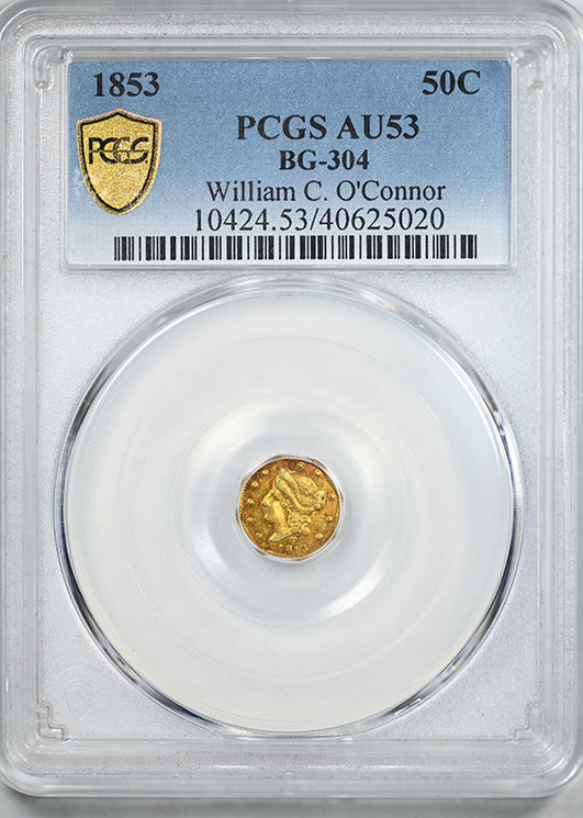 1853 Octagonal California Fractional Gold Liberty Head 1/2 Dollar G50C PCGS AU53 BG-304 - TONED!