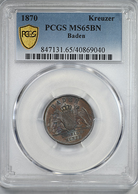 1870 German States Baden Kreuzer PCGS MS65BN - TONED!
