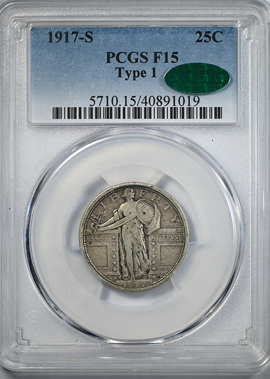 1917-S Type 1 Standing Liberty Quarter 25C PCGS F15 CAC