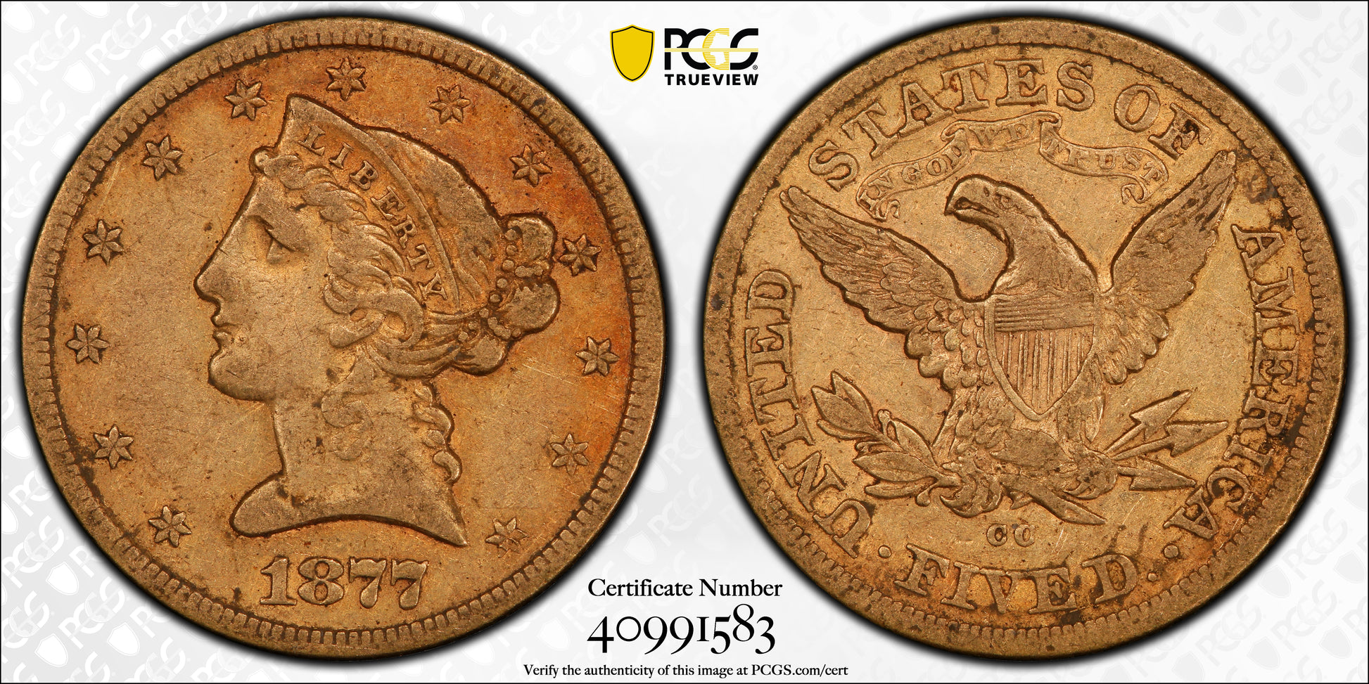 1877-CC Liberty Head Gold Half Eagle $5 PCGS VF30 CAC Trueview