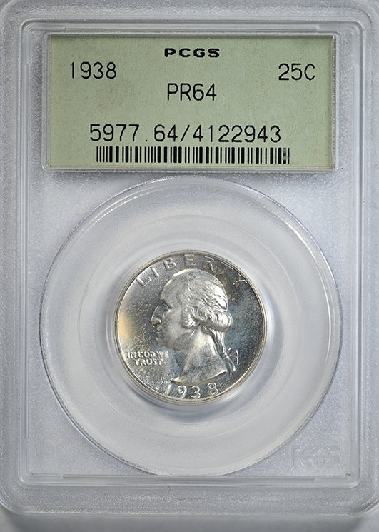 1938 Proof Washington Quarter 25C PCGS PR64 OGH